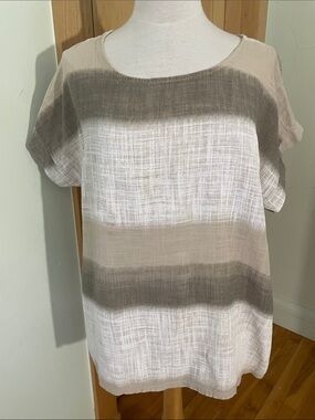 🇮🇹 BEYOND CAPRI Cotton Women's Short-Sleeve Grey, Tan & White Top, Size L